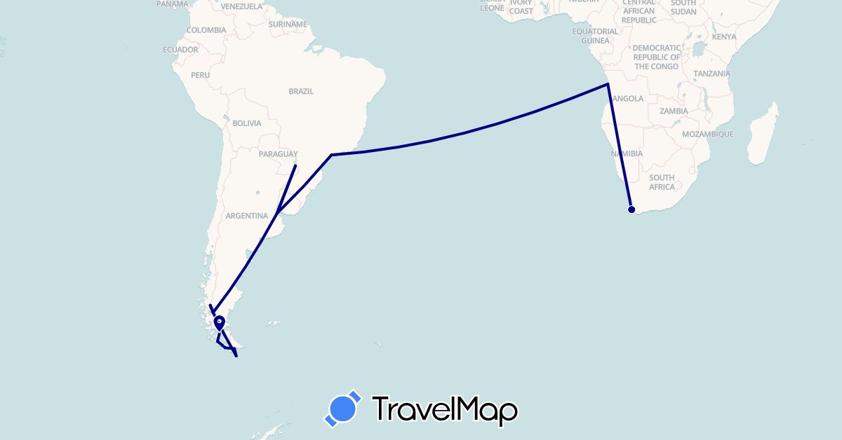 TravelMap itinerary: driving in Angola, Argentina, Brazil, Chile, South Africa (Africa, South America)